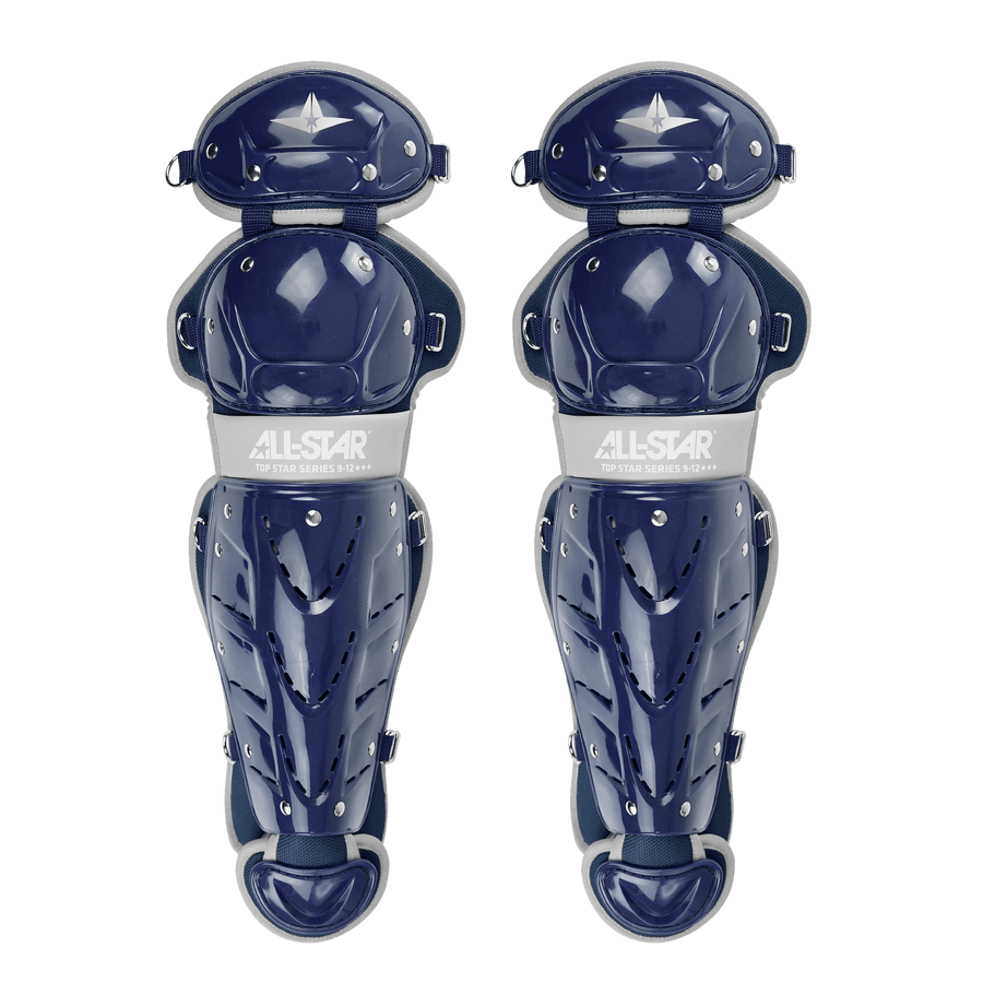 All-Star Top Star Catcher's Kit leg guards in navy, featuring adjustable fit and premium padded protection for age 12-16.
