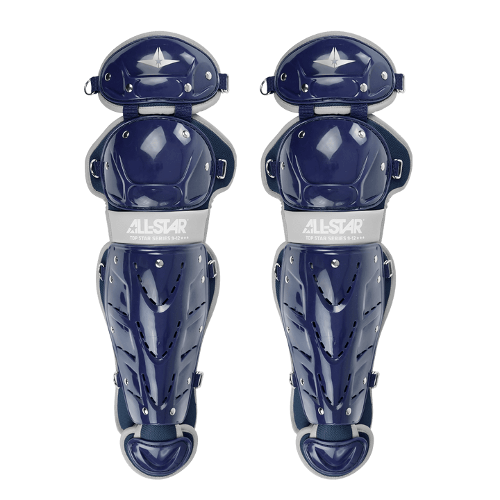 All-Star Top Star Catcher's leg guards in navy blue, adjustable and machine washable for ages 9-12, meeting NOCSAE standards.