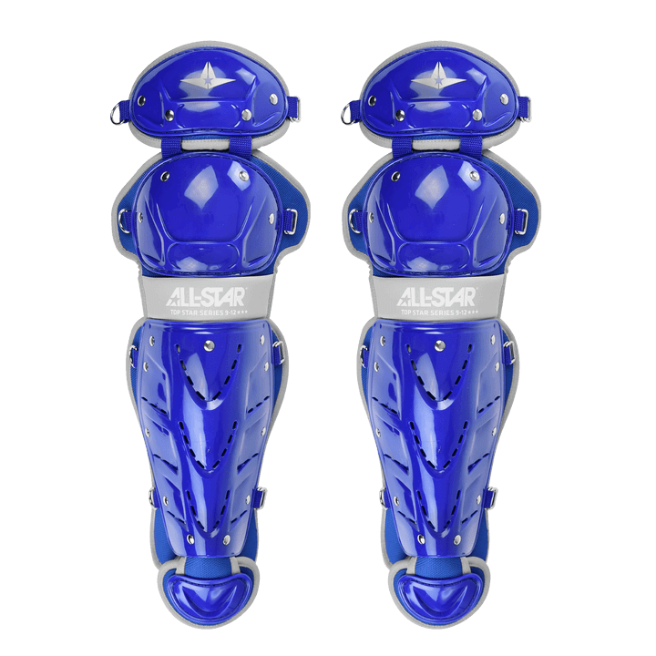 All-Star Top Star catcher's leg guards in vibrant blue, featuring adjustable straps and premium padding for optimal protection.