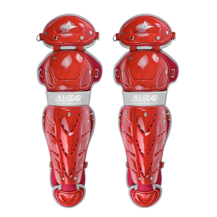 All-Star Top Star Catcher's leg guards in bright red, featuring adjustable straps and premium padding for youth players aged 9-12.