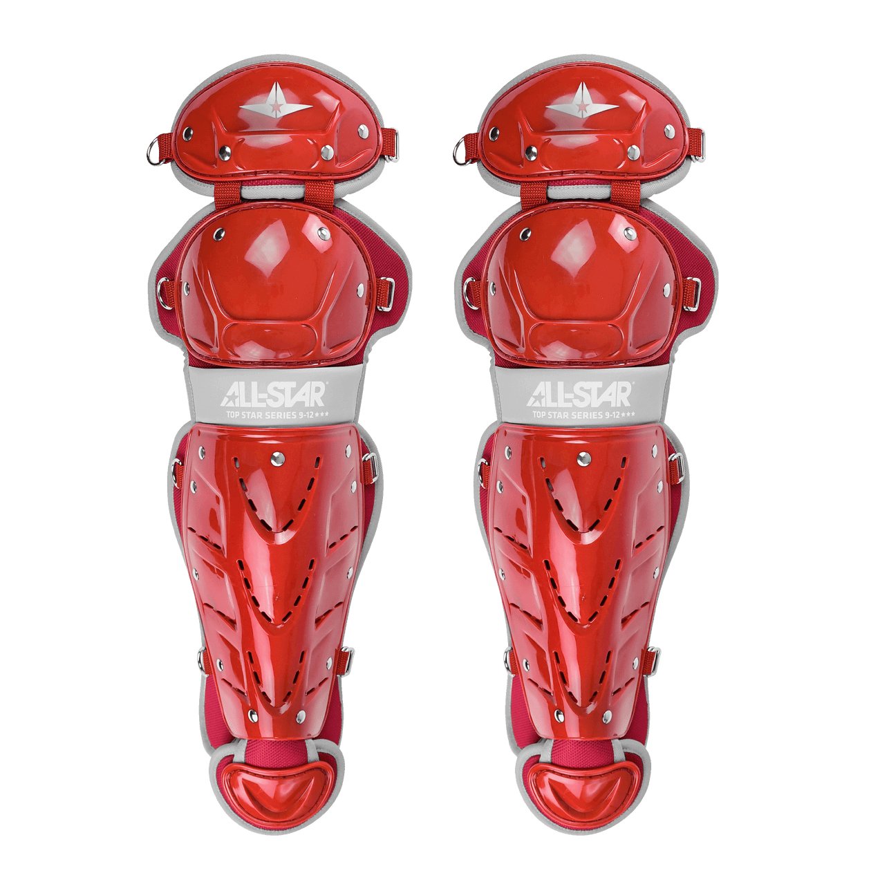 All-Star Top Star catcher leg guards in red, designed for youth players aged 9-12, featuring premium protection and adjustable fit.