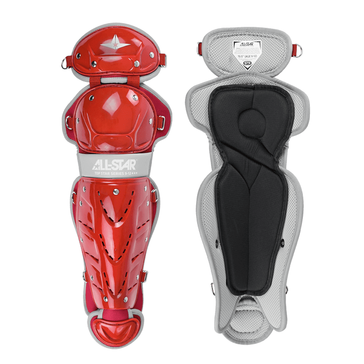 All-Star Top Star Catcher's Kit in red, featuring chest protector and adjustable padded leg guards for youth ages 9-12.