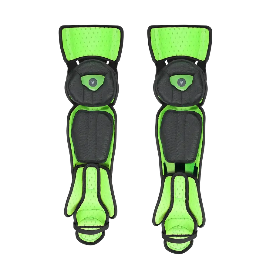 Interior padding view of All-Star MVP-PRO™ Catcher Leg Guards | Black/Black | Small highlighting green padding detail.
