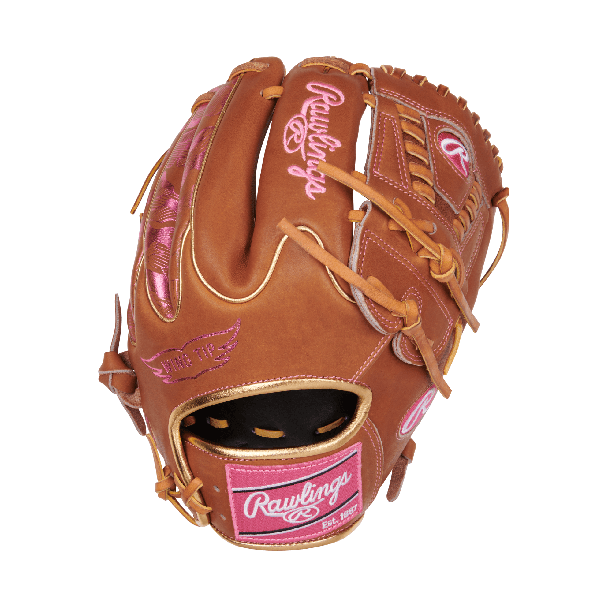 Back view of the Rawlings Colorsync glove, highlighting the topographic foil print shell and vibrant pink Rawlings patch.