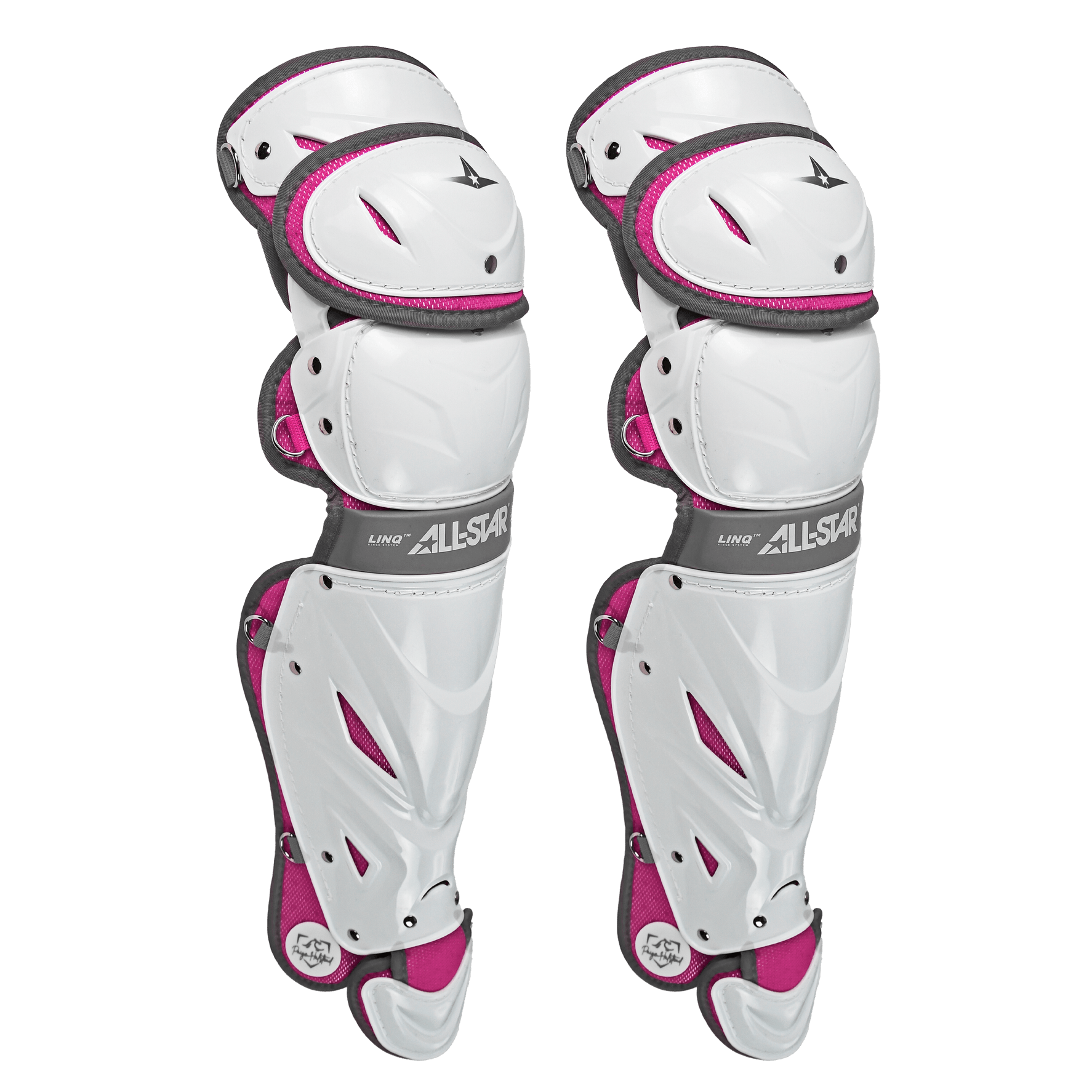 All-Star PHX Mother's Day Pro Series leg guards, side view, white with pink accents, visible knee protection.