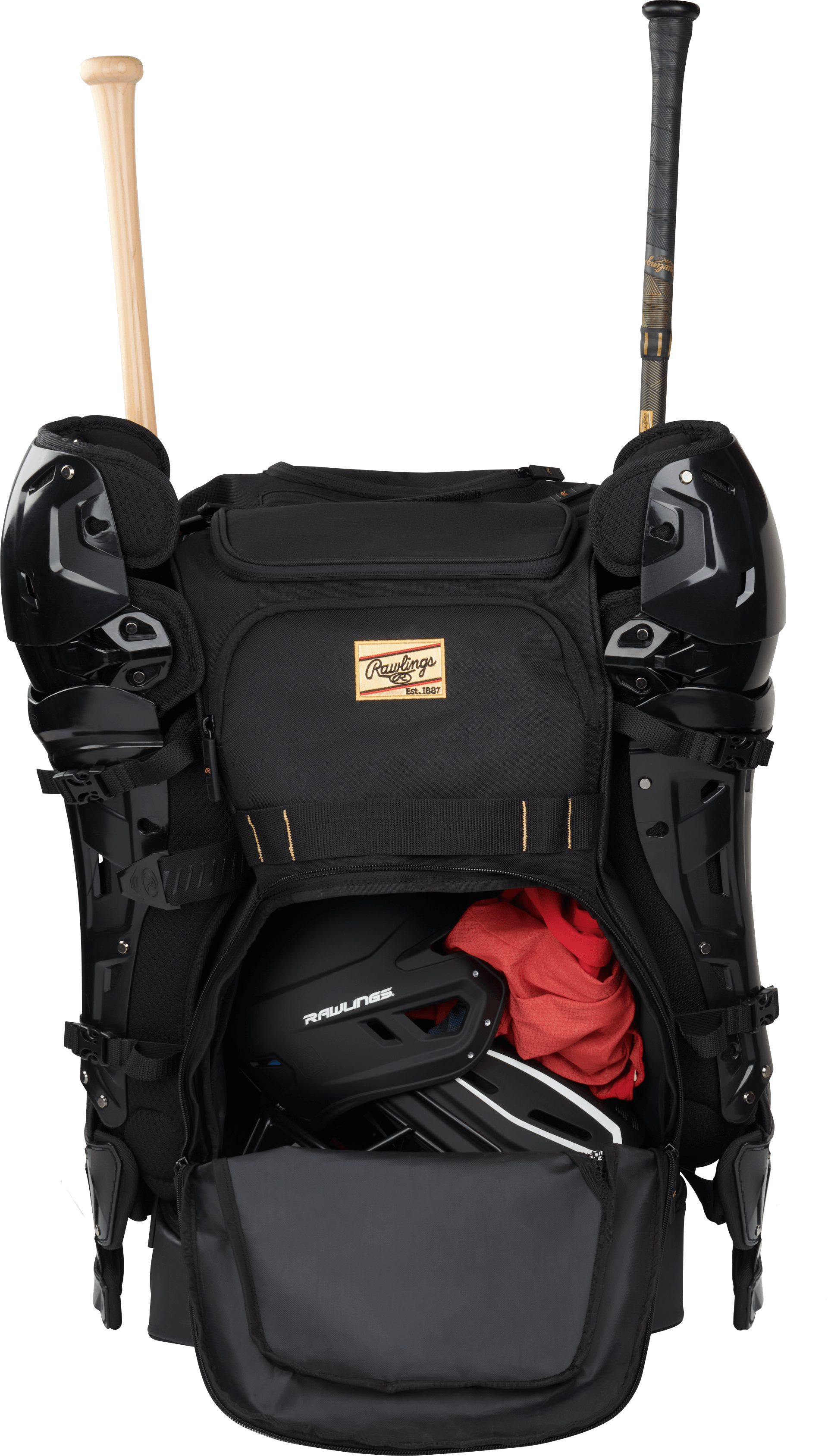 Rawlings Gold Collection Wheeled Bag open with catcher’s gear and batting equipment inside