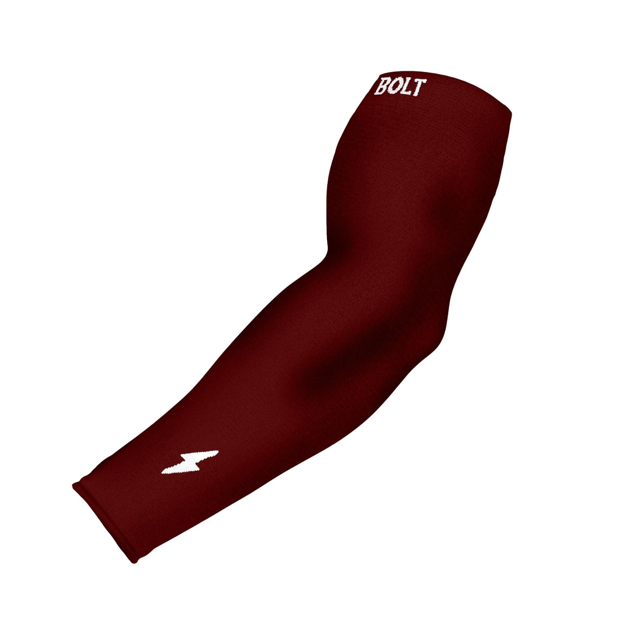 Bruce Bolt maroon graduated compression arm sleeve for improved blood flow and muscle support during sports.