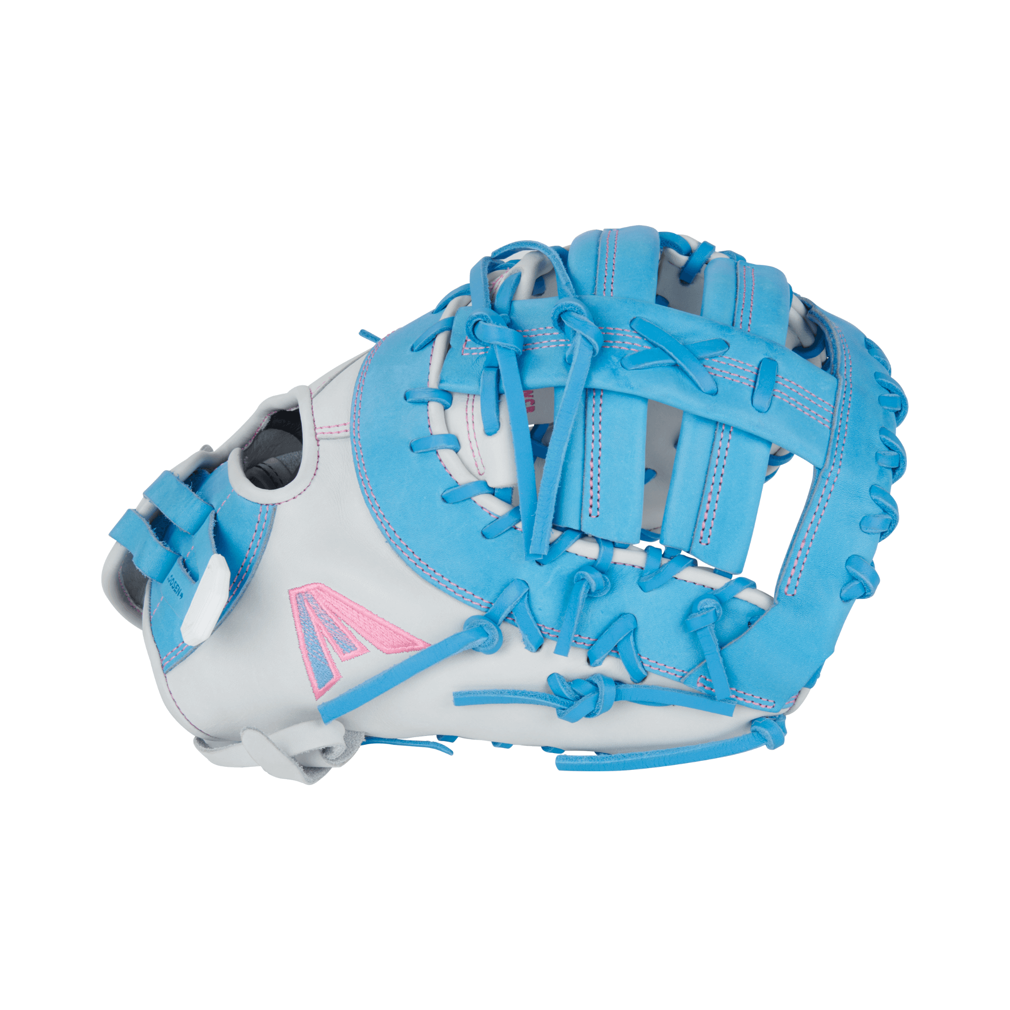 Easton Pro Collection First Base Mitt Softball Glove 13" in white and Columbia blue color, showcasing adjustable features.