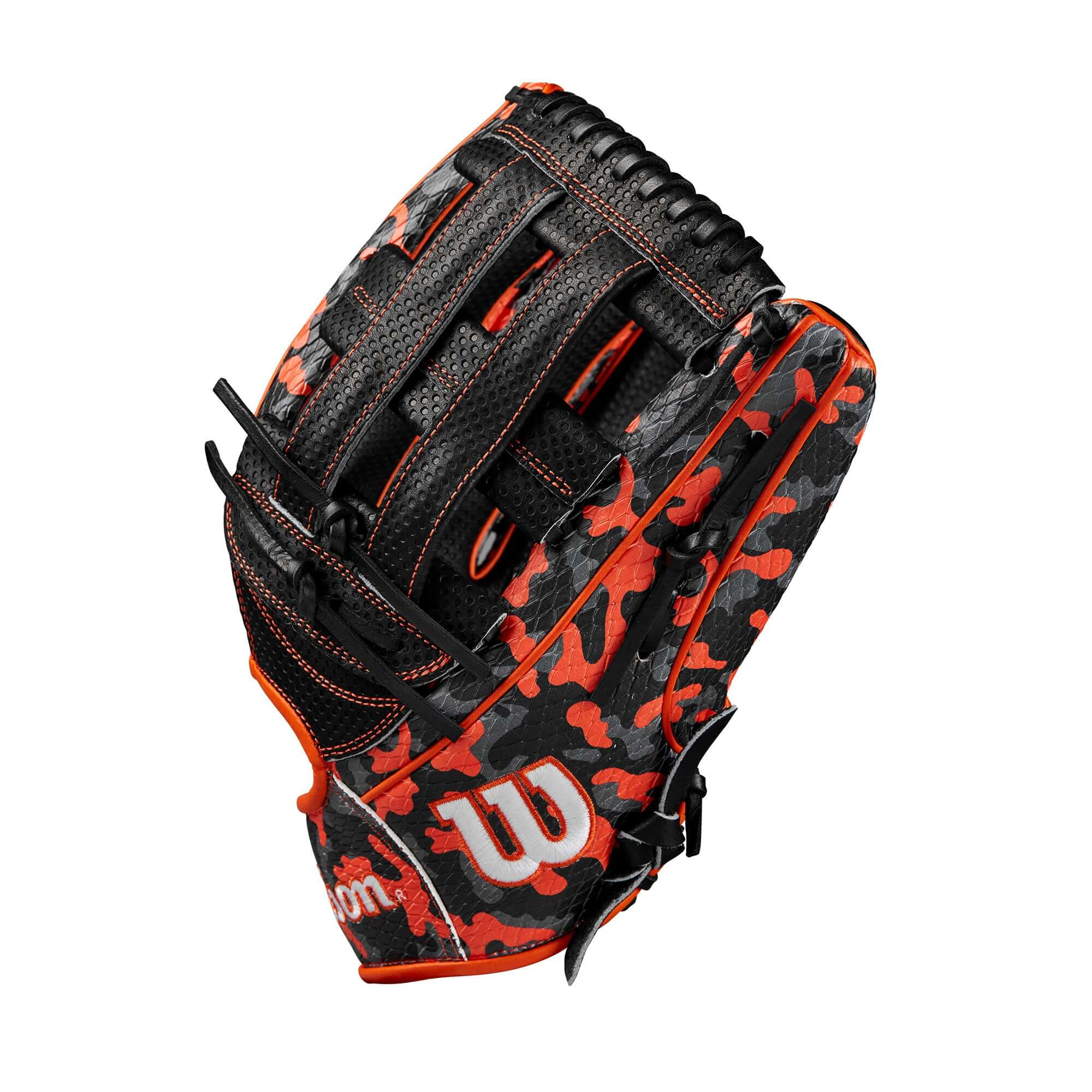 Wilson A2000 Glove of the Month October 2024, 12.75", Orange Black Camouflage, lightweight with Spin Control Technology.