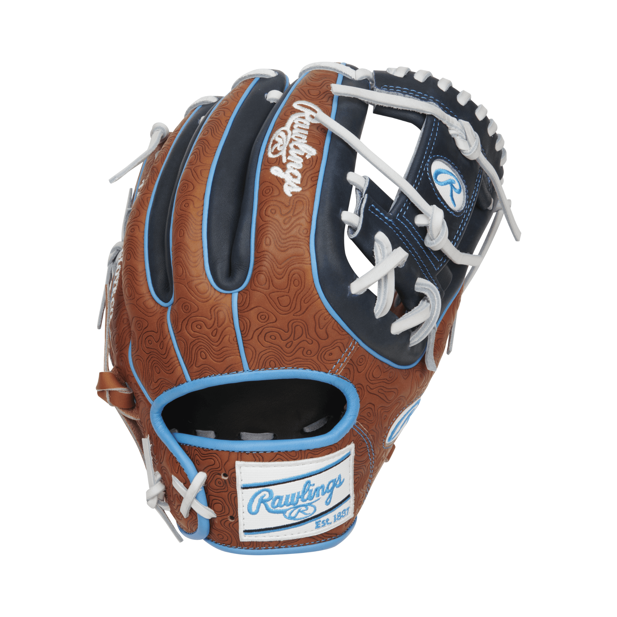 Rawlings Heart of the Hide Color Sync 8.0 baseball glove in brown and navy, featuring a geo-print design and hand-sewn welting.