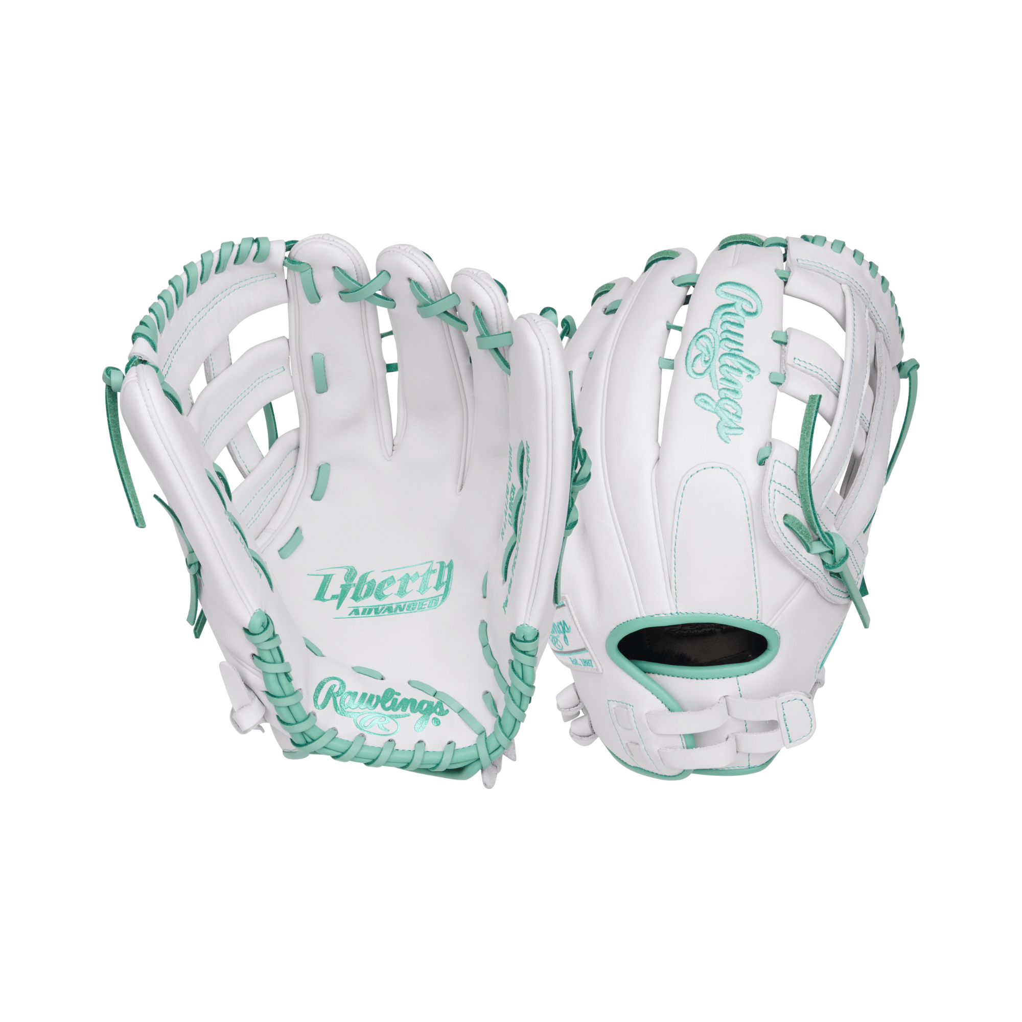 Rawlings Liberty Advanced Softball Glove in white and mint, 13 inches for right-hand throwers, showcasing advanced design.