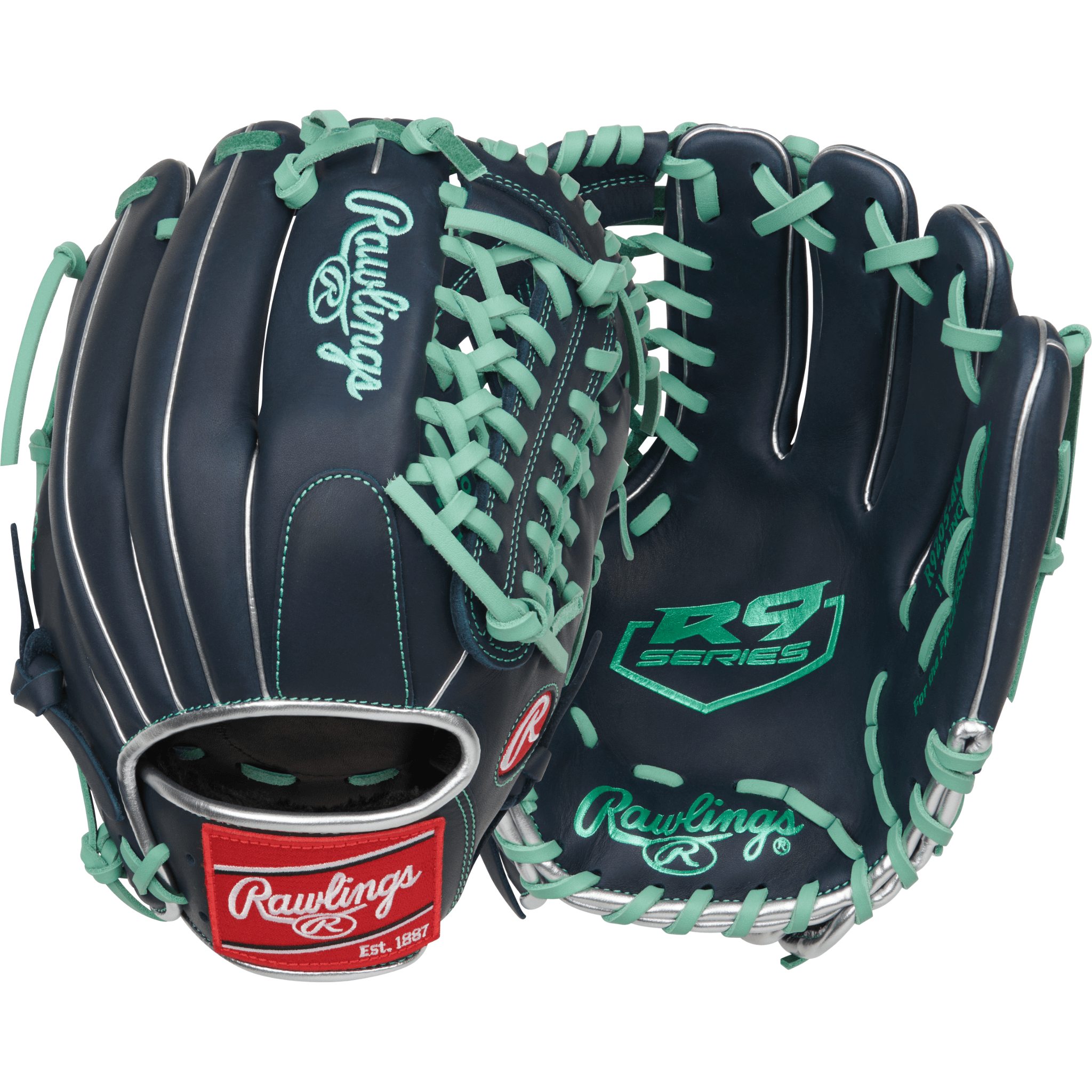 Rawlings R9 Series 11.75" Infield Baseball Glove Navy/Mint front and back view with Modified Trap-Eze web.