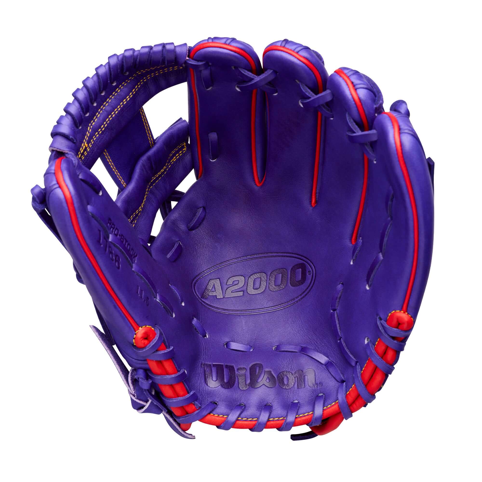 Wilson Ground Ball Grape A2000 1786 11.5" Infield Baseball Glove palm view, purple leather with red lacing and stitching