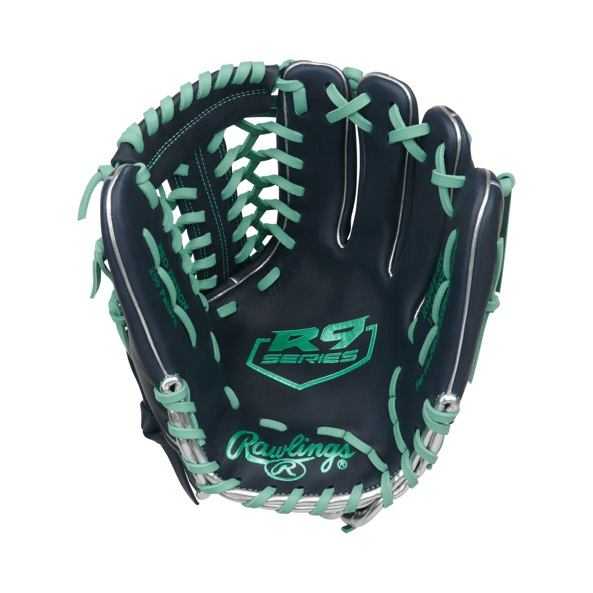 Palm view of Rawlings R9 Series 11.75" Infield Baseball Glove Navy/Mint with padded palm and soft all-leather construction.