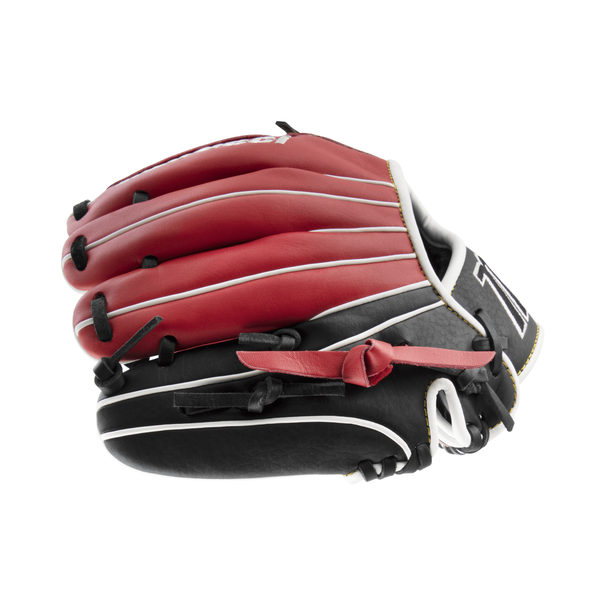 Marucci Caddo Series V2 10" glove, red and black, featuring adjustable fit and EZ Flex technology for enhanced performance.