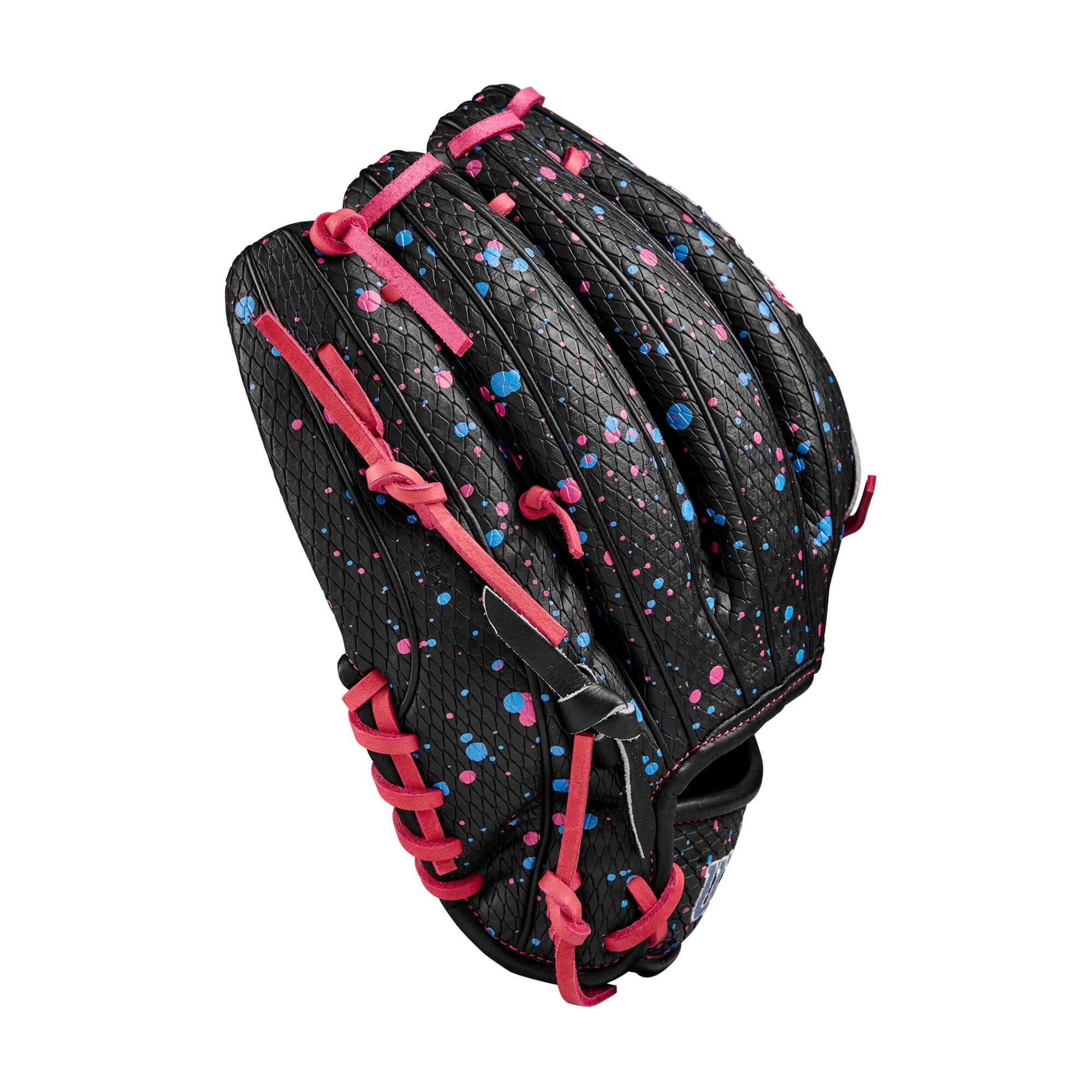 Wilson A2000 Elly De La Cruz 12" infield baseball glove with Black SuperSnakeSkin, pink and blue accents.