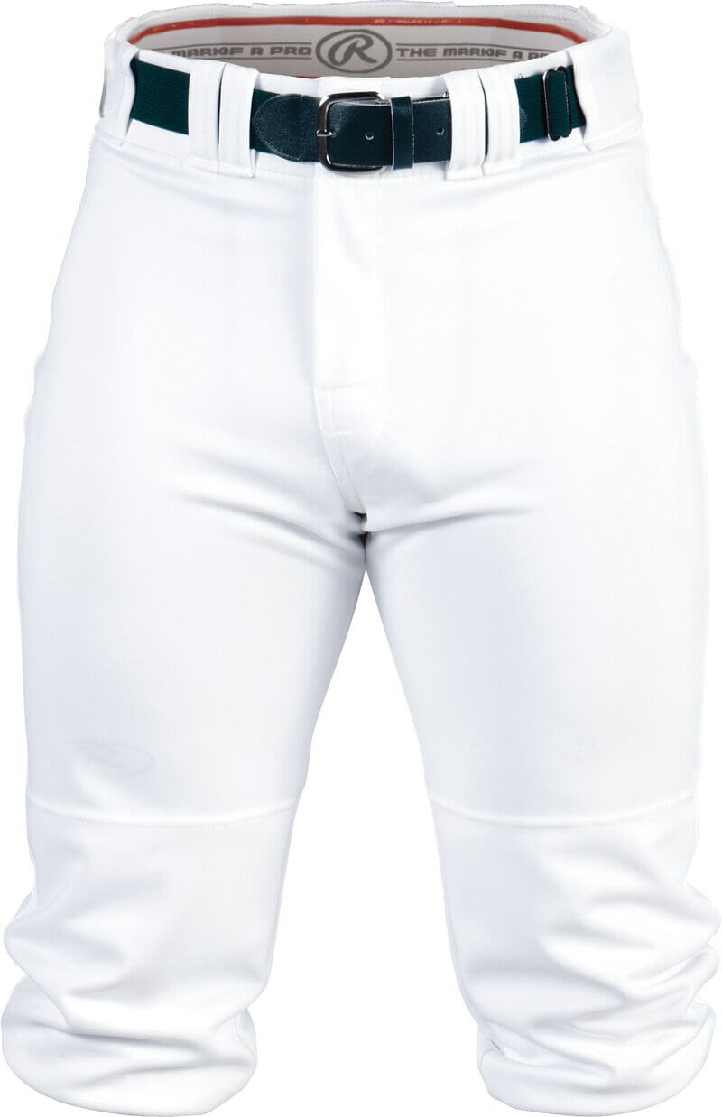 Rawlings YP150K Youth Premium Knee High Pant in white, featuring a gripper elastic waistband and professional design.