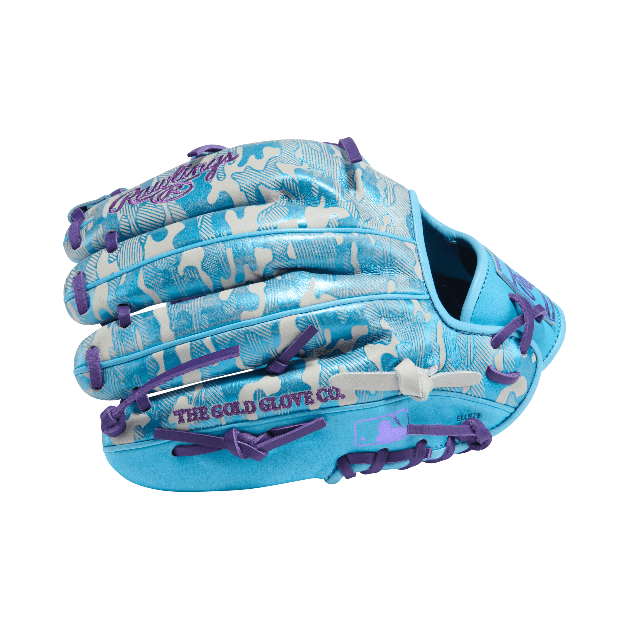 Finger side view of PROR205U-32CBG glove showing camo-embossed design, purple laces, and Columbia blue finger stalls.