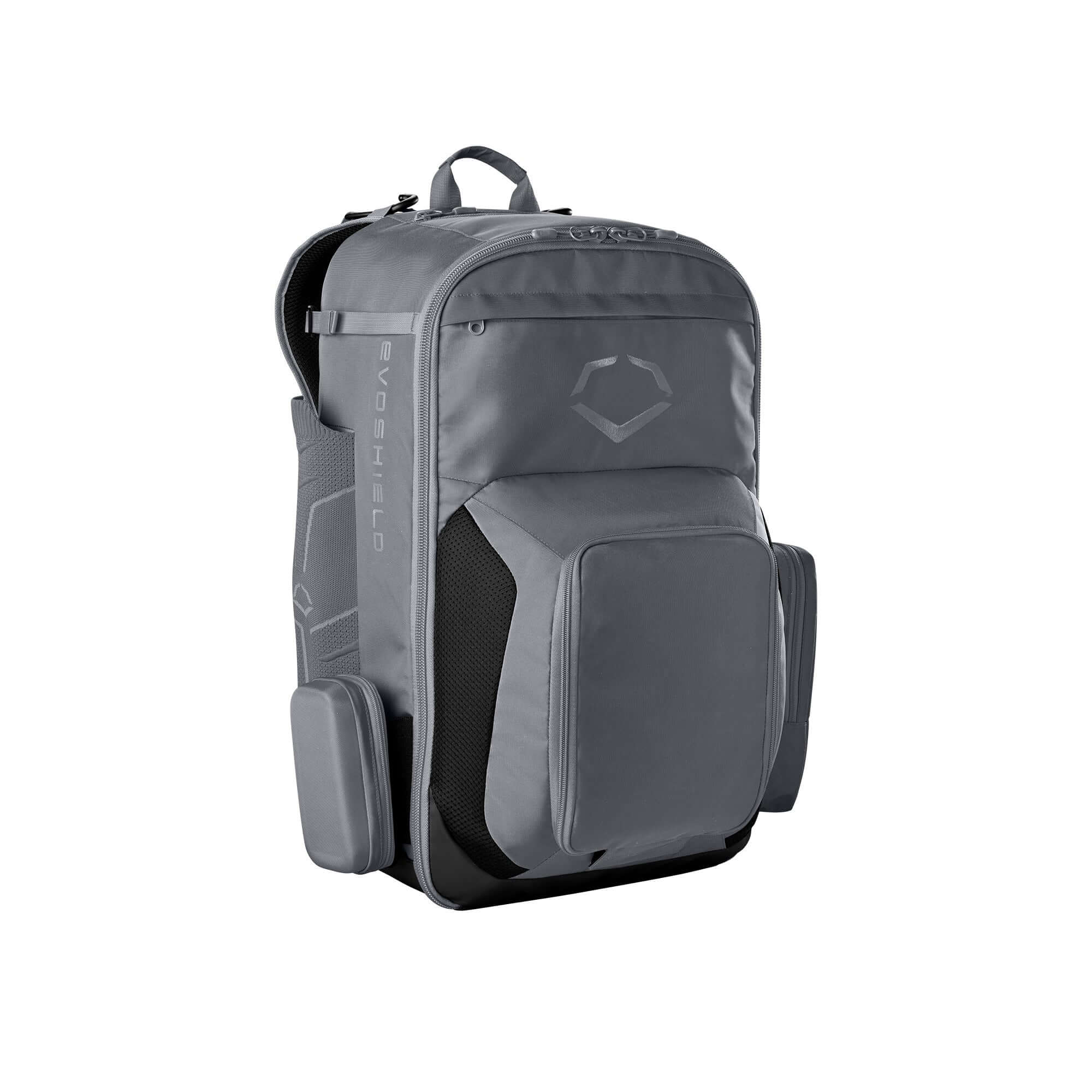 EvoShield Takeover Backpack in gray, designed for athletes with ample storage for gear and ventilated shoe pocket.