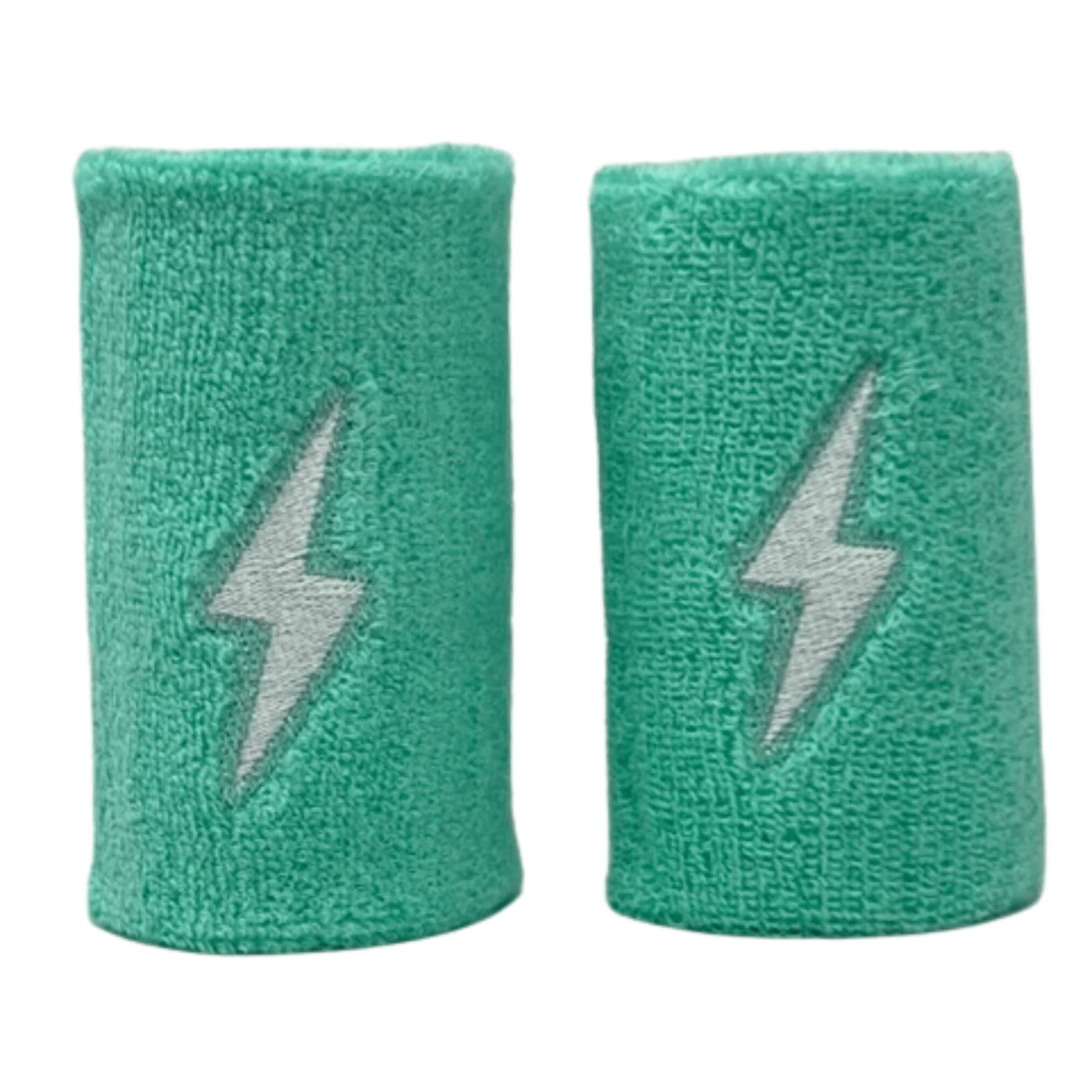 Bruce Bolt Premium Pro Wrist Bands in mint green with lightning bolt design, made from super-soft absorbent terry cloth.