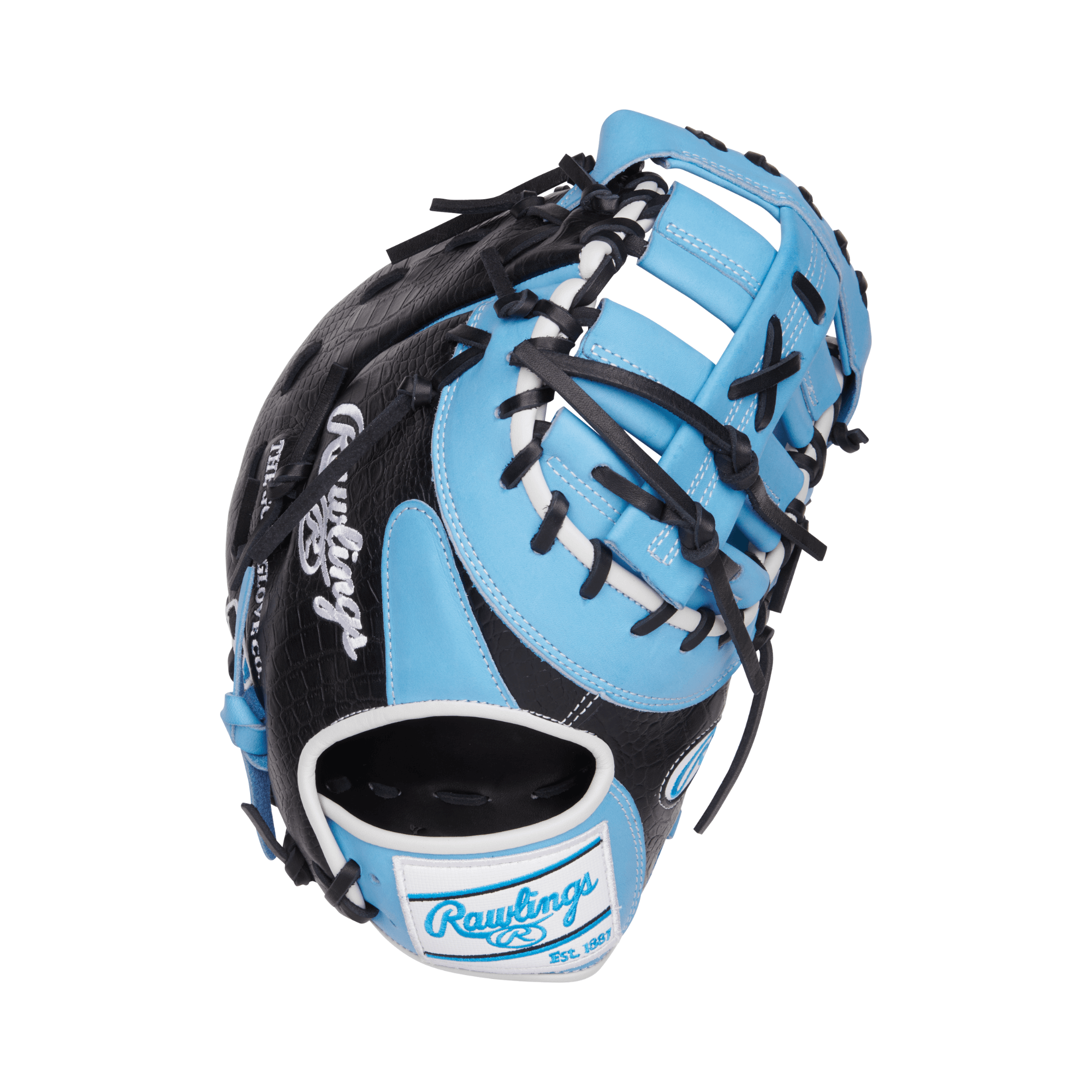 Rawlings Heart of the Hide 13" First Base Mitt in Columbia Blue and Black, showcasing its premium leather and durable design.