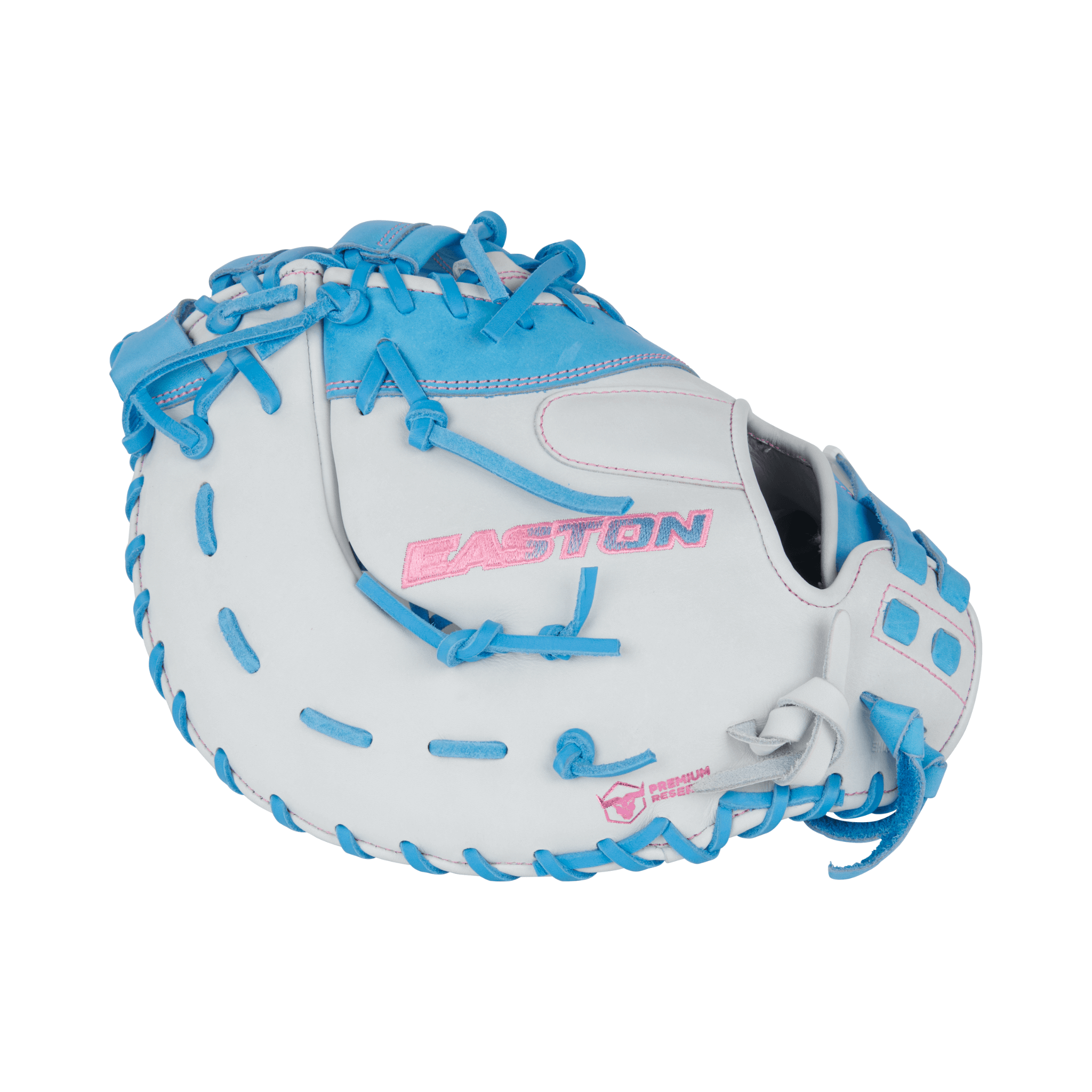 Easton Pro Collections First Base Mitt in white and Columbia blue, designed for fastpitch softball players.