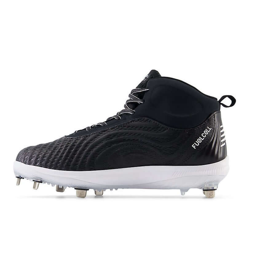 New Balance FuelCell 4040 v7 Mid-Metal (M4040V7) black baseball cleat with mid-cut design and 7-spike outsole for traction.