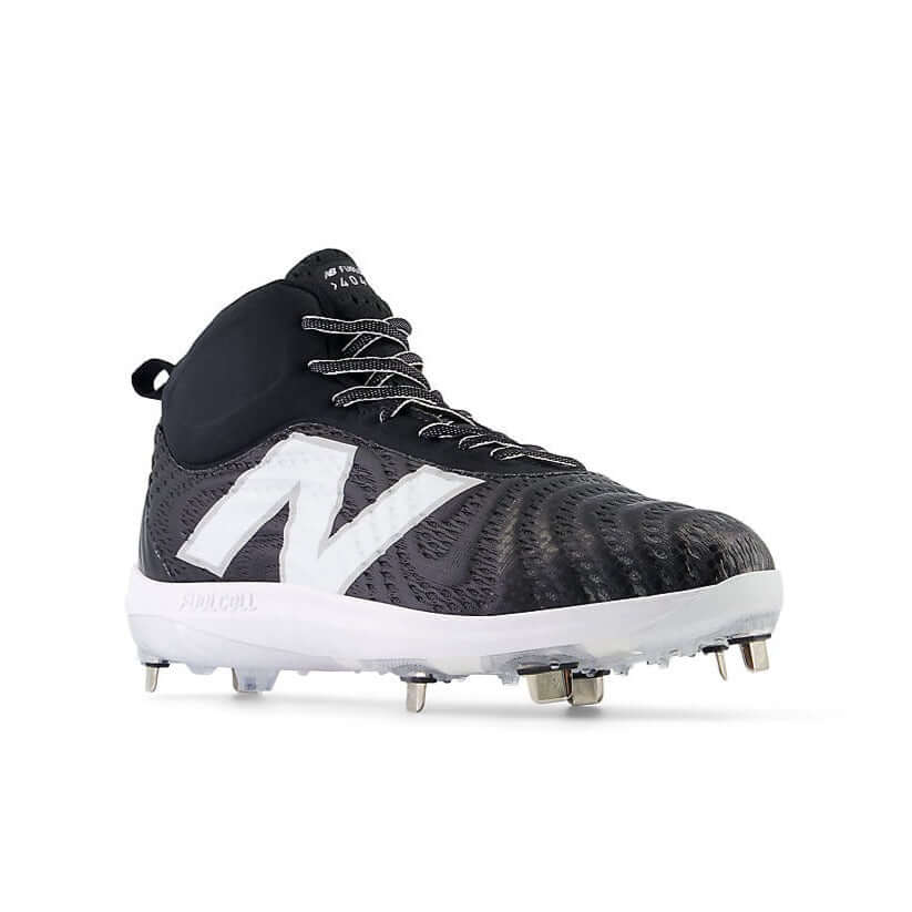 New Balance FuelCell 4040 v7 Mid-Metal black baseball cleat with a mid-cut design and spiked outsole for traction.