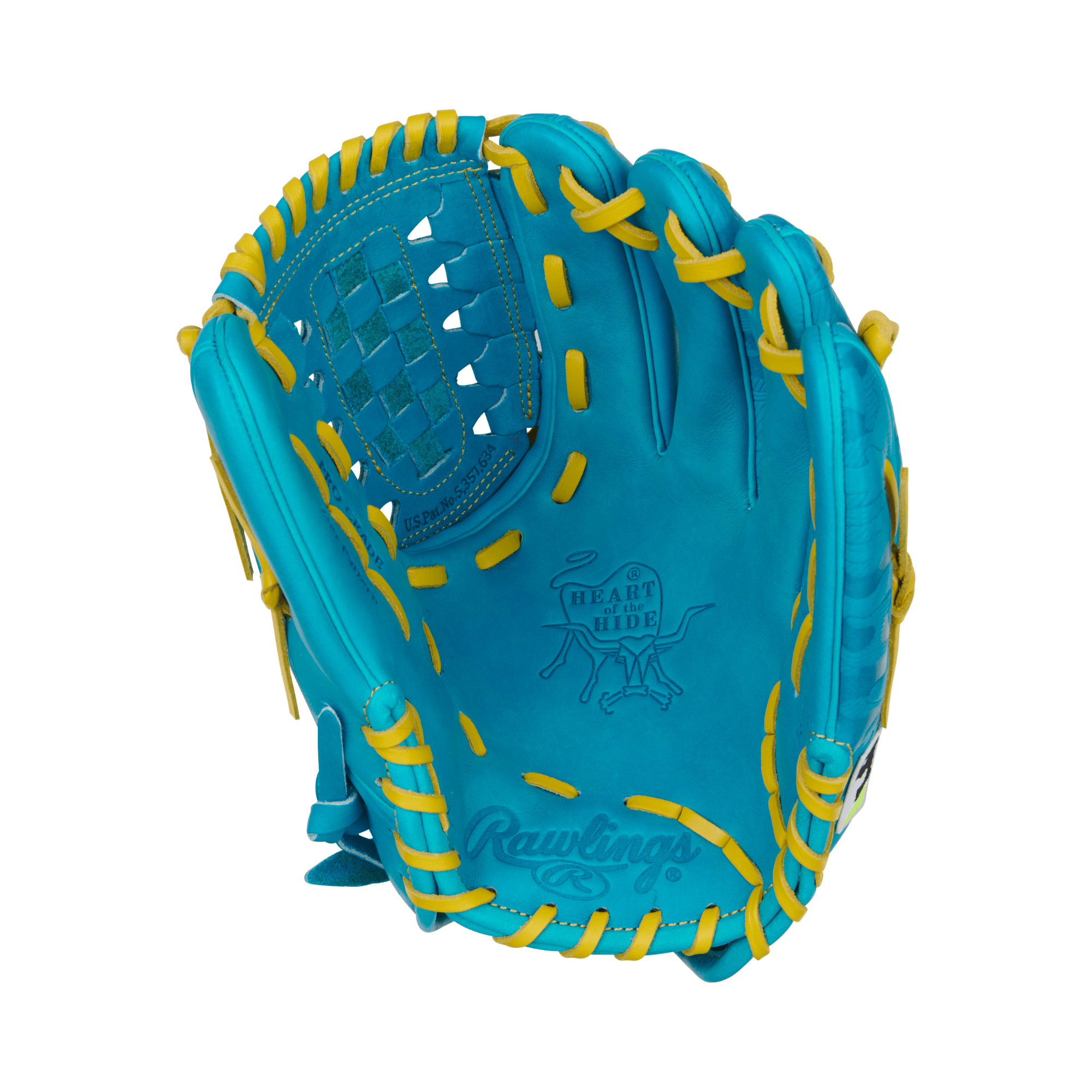 Palm view of the Rawlings 12'' Pitcher's Glove showcasing factory break-in Heart of the Hide leather for game readiness.
