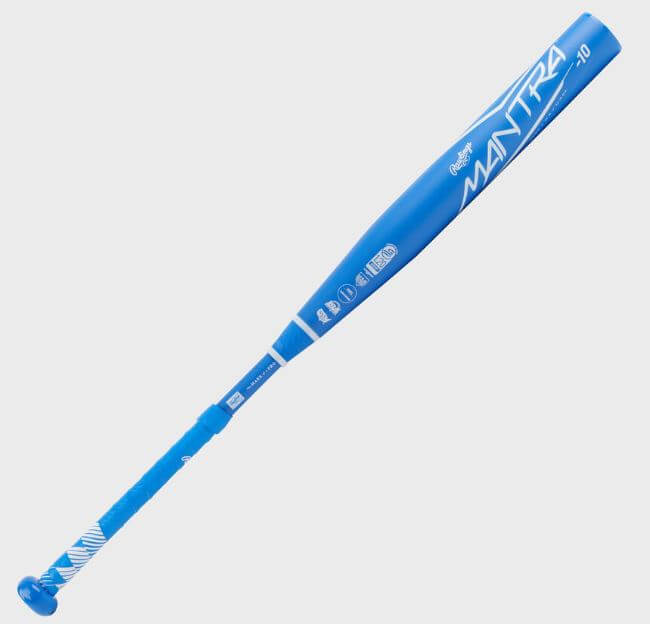 Rawlings Mantra FP Composite USA Certified -10 blue bat side profile with visible graphics and weight stamp.