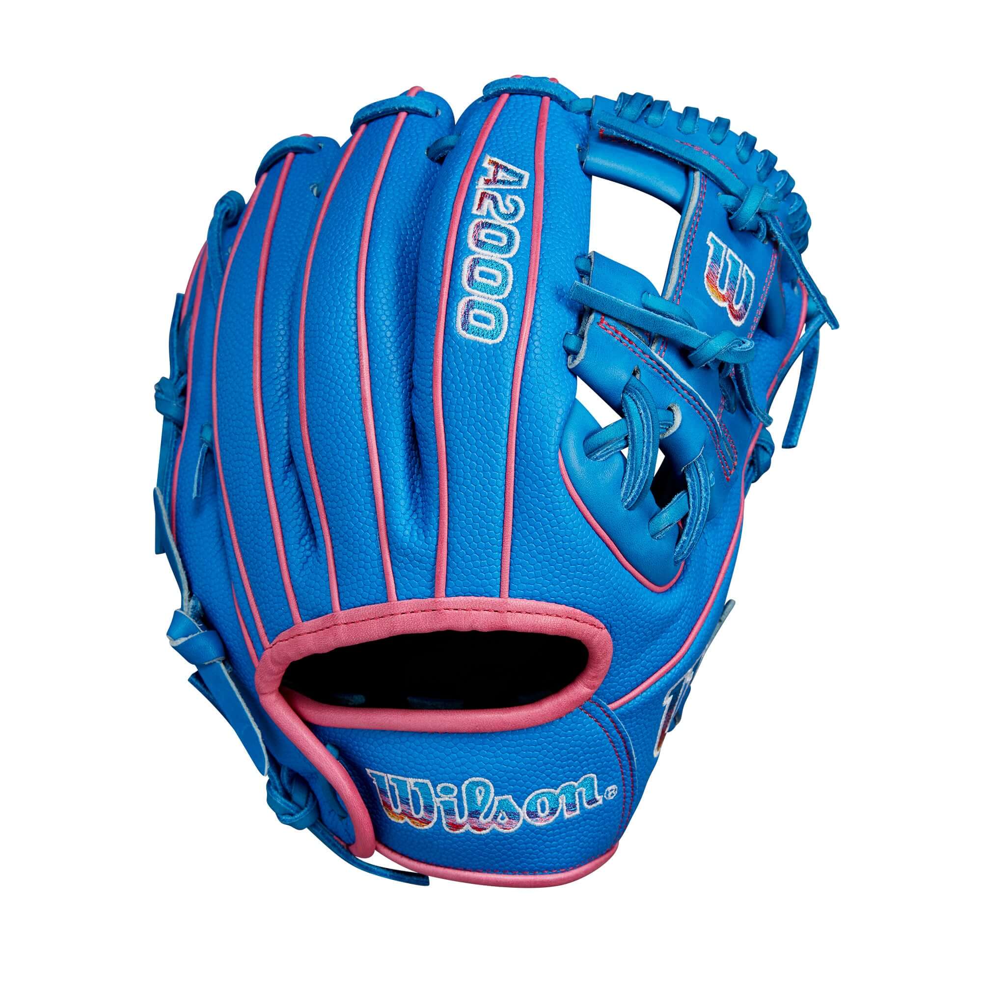 Wilson 2024 Autism Speaks A2000 DP15SS infield baseball glove in blue with pink accents, designed for players with smaller hands.