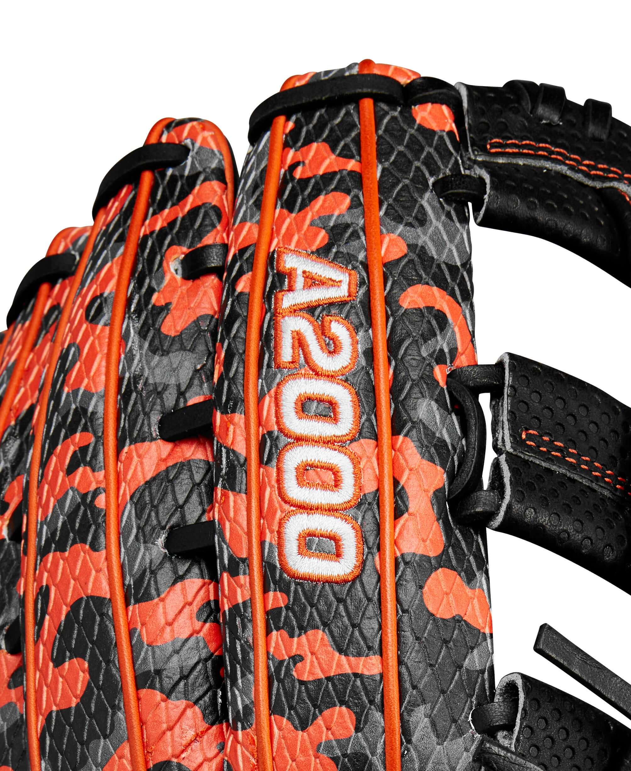 A2000 glove close-up featuring orange and black camouflage pattern, highlighting SuperSnakeSkin texture and design details.