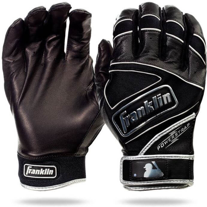 Franklin Powerstrap Chrome Series Black gloves with premium sheepskin leather and snug wrist closure for baseball.