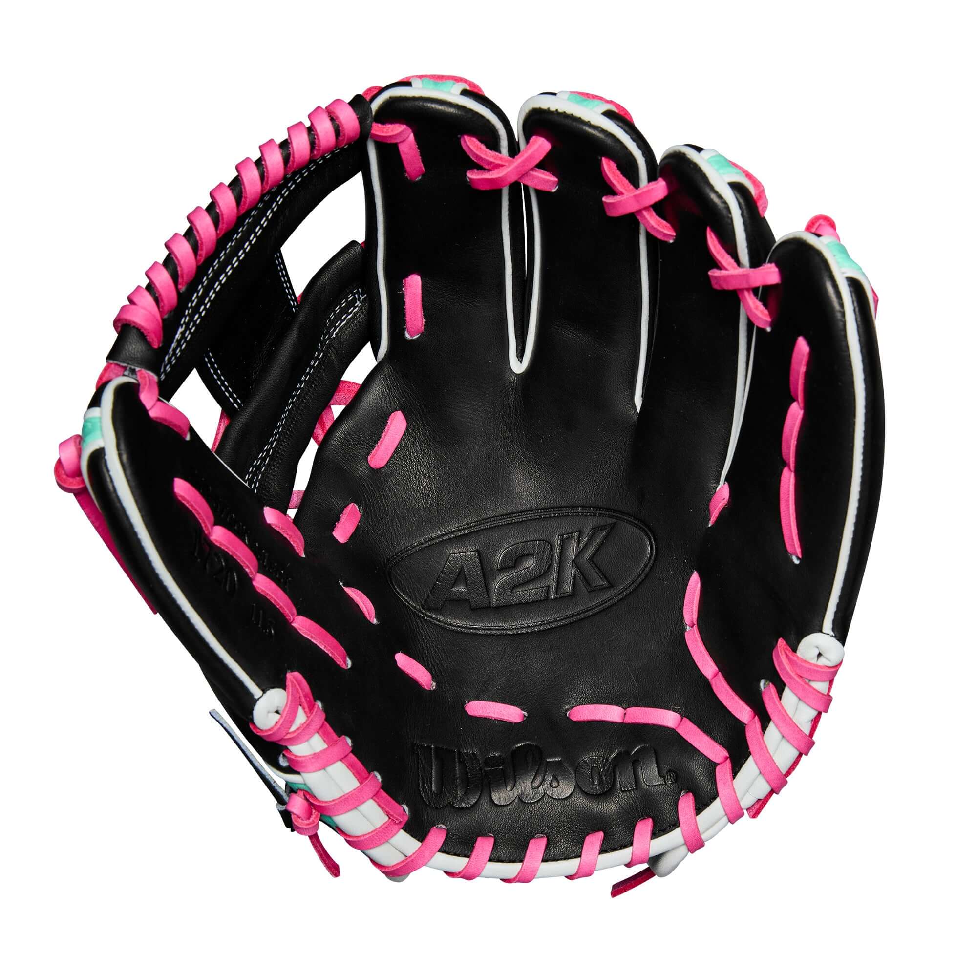 Wilson A2K 1720SS infield baseball glove in black with pink and seafoam accents for summer 2025. 11.5" size.