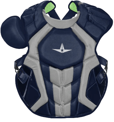 All-Star S7 AXIS Chest Protector in navy, meets NOCSAE standards, designed for adult baseball players, offering protection and comfort.