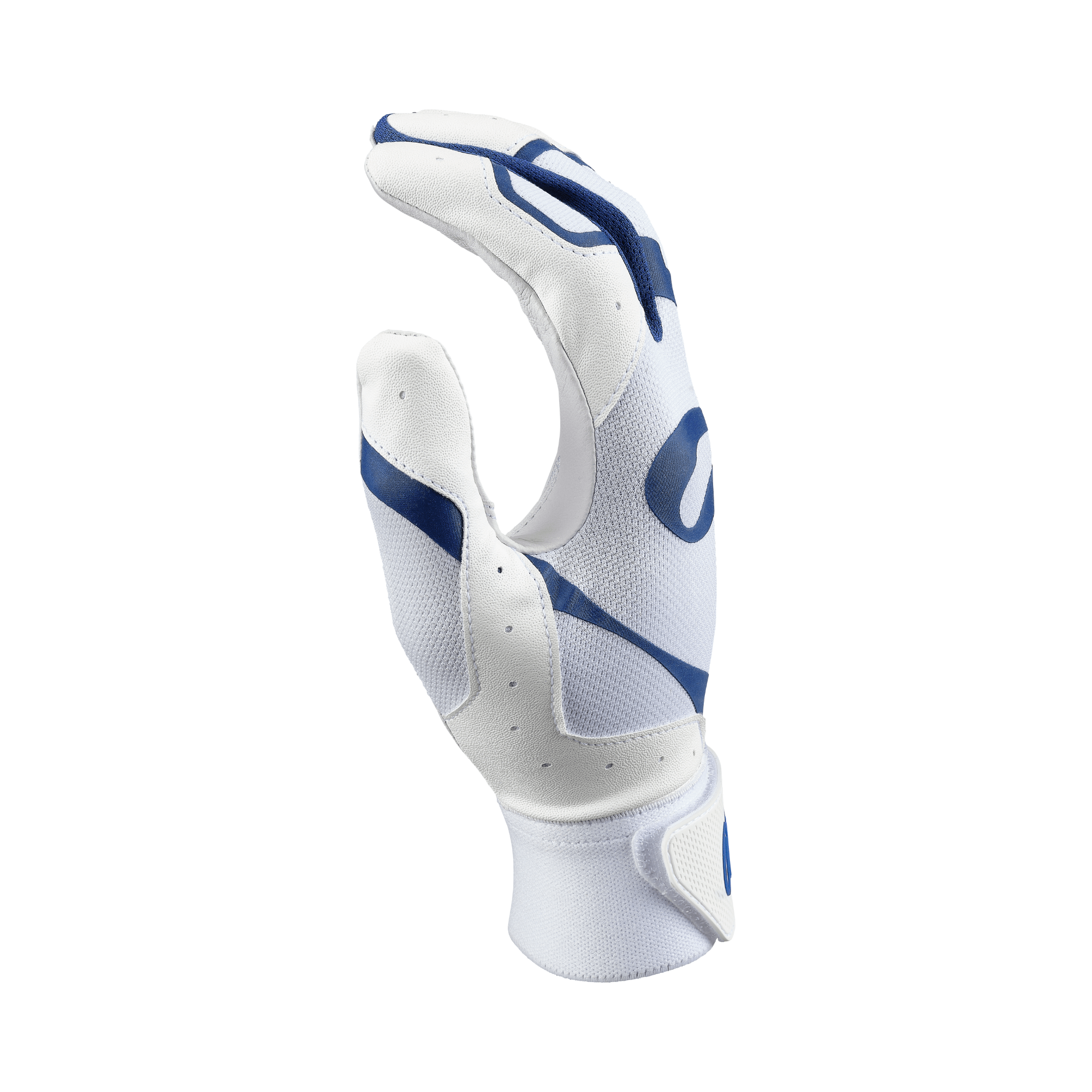 Rawlings 5150 II adult batting glove in white and navy, showcasing a flexible design and genuine goatskin leather palm.