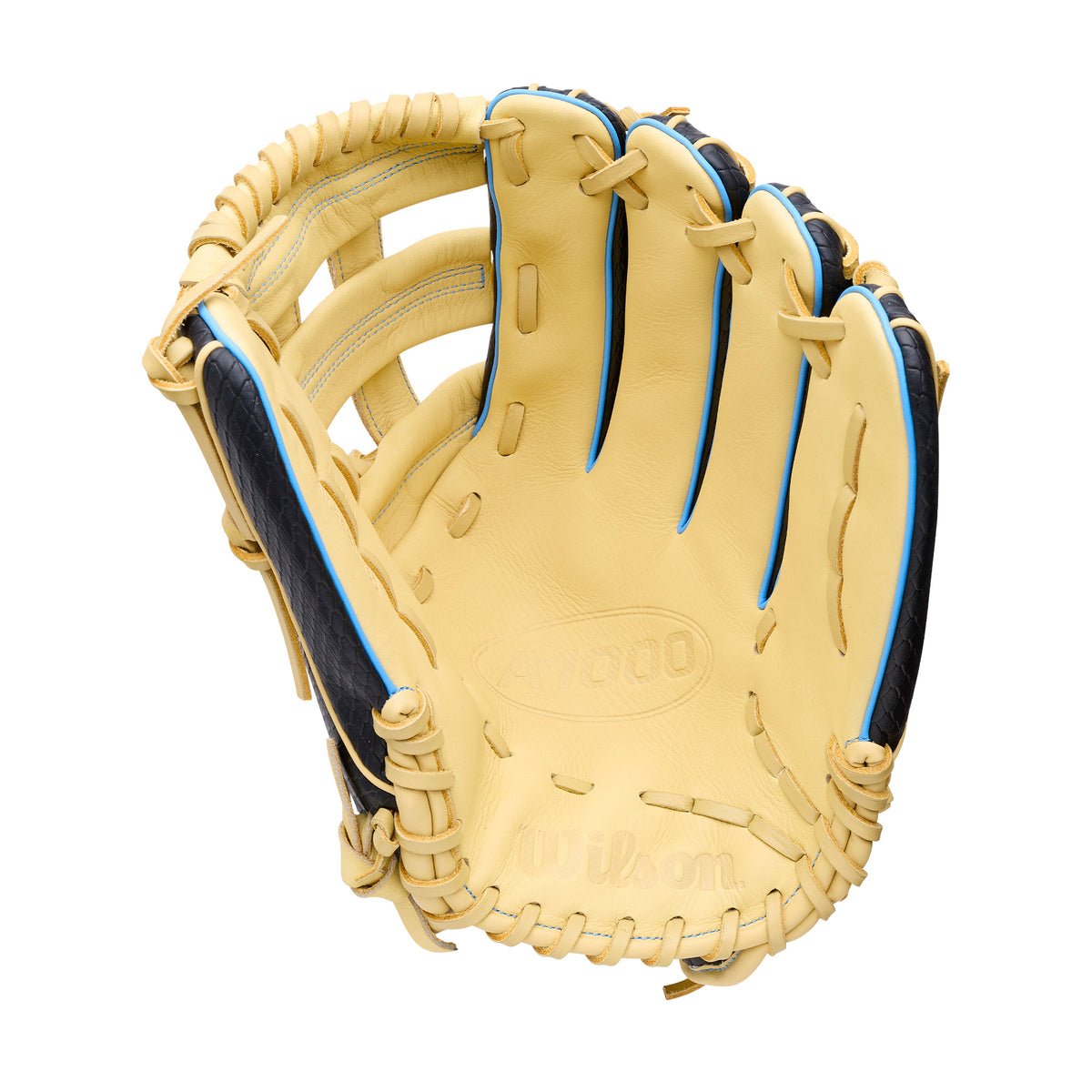 Wilson 2027 A1000 1750SS 12.5” outfield baseball glove, blonde color, open palm view showcasing deep pocket