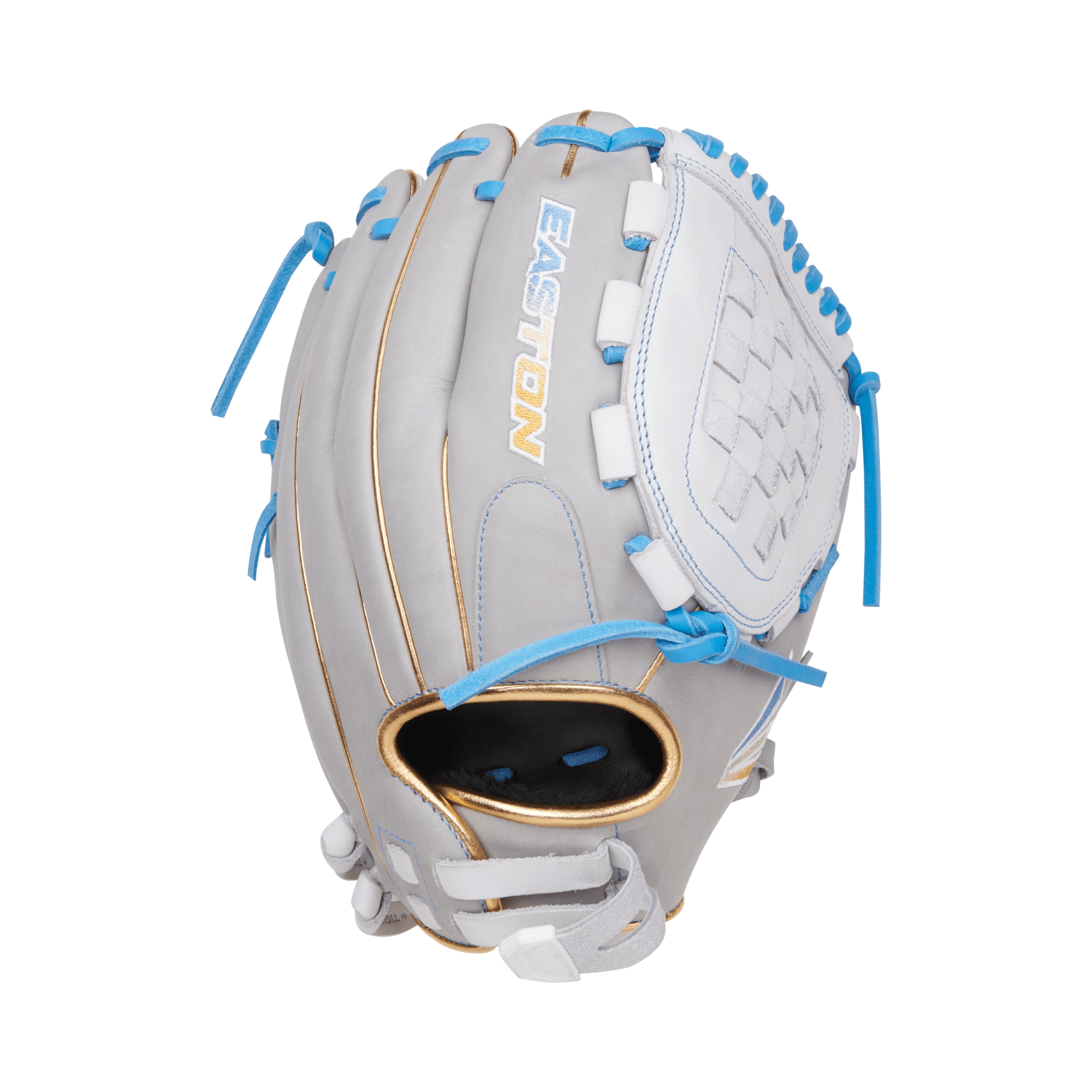 Easton Pro Collections Series 12" fastpitch softball glove in gray and white with blue accents, ideal for utility positions.