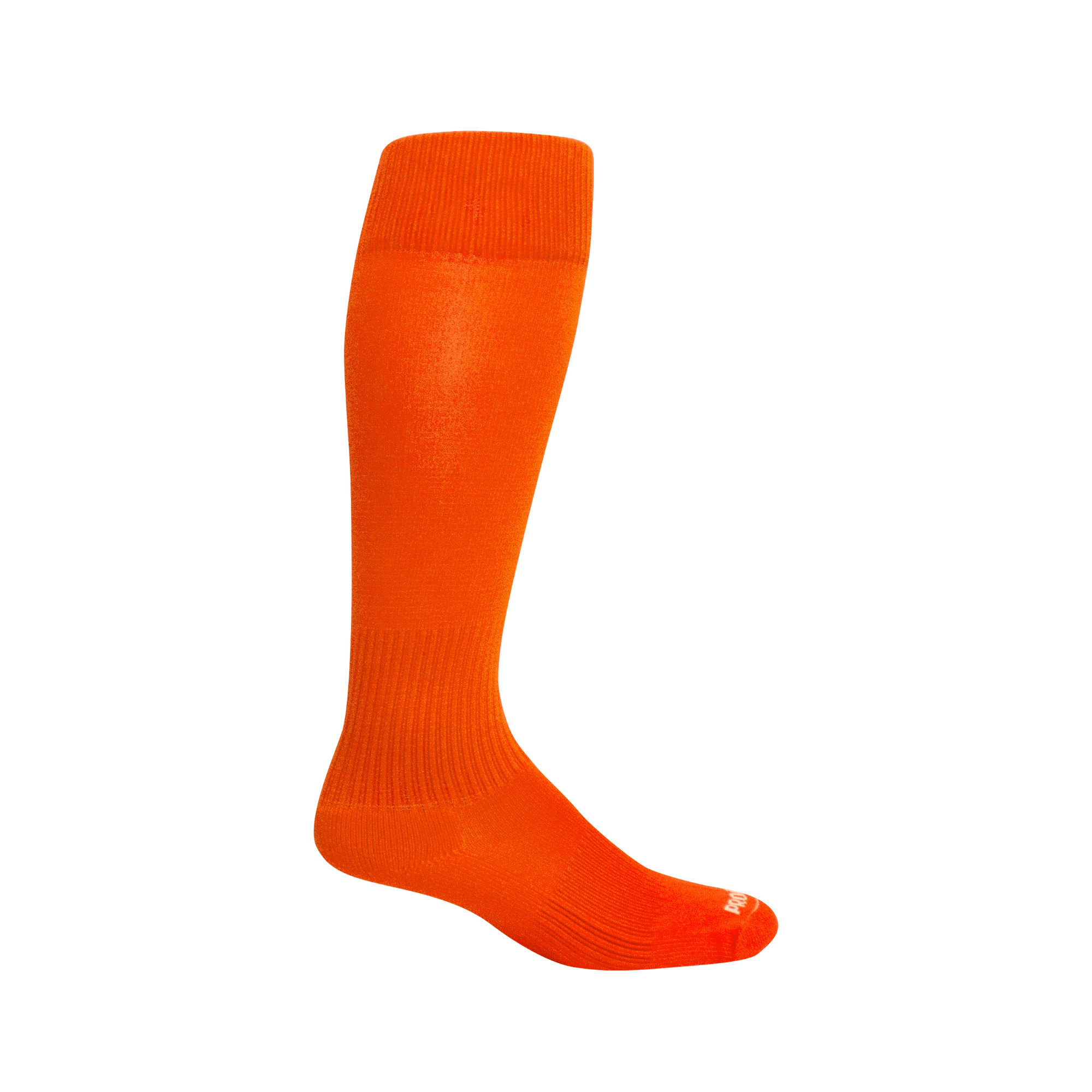 Side view of bright orange Pro Feet Performance Over-the-Calf 7-9 sock, showcasing ribbed ankle support and cushioned foot design.