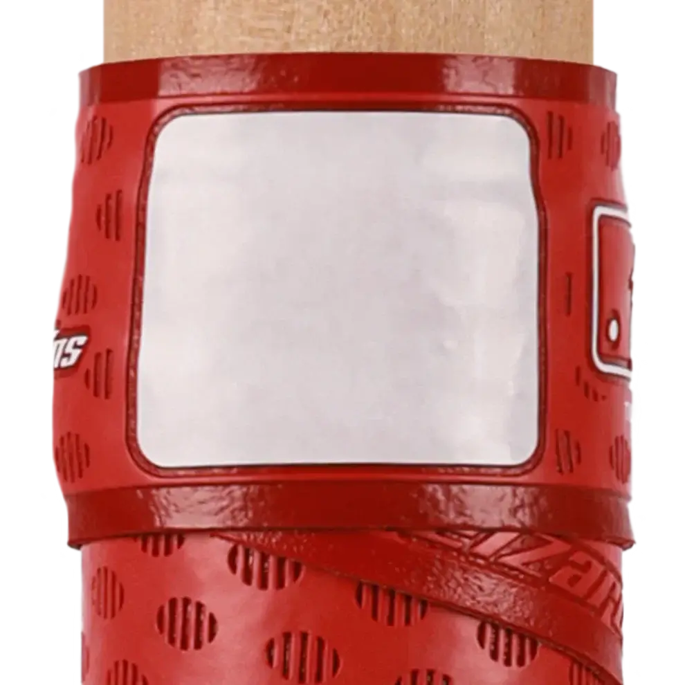 Lizard Skins DSP Ultra Bat Grip in Crimson Red showcasing textured surface and adhesive installation features.