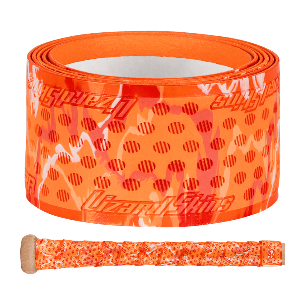 Lizard Skins DSP Ultra Bat Grip in vibrant orange camo with installation tape, designed for enhanced tackiness and durability.