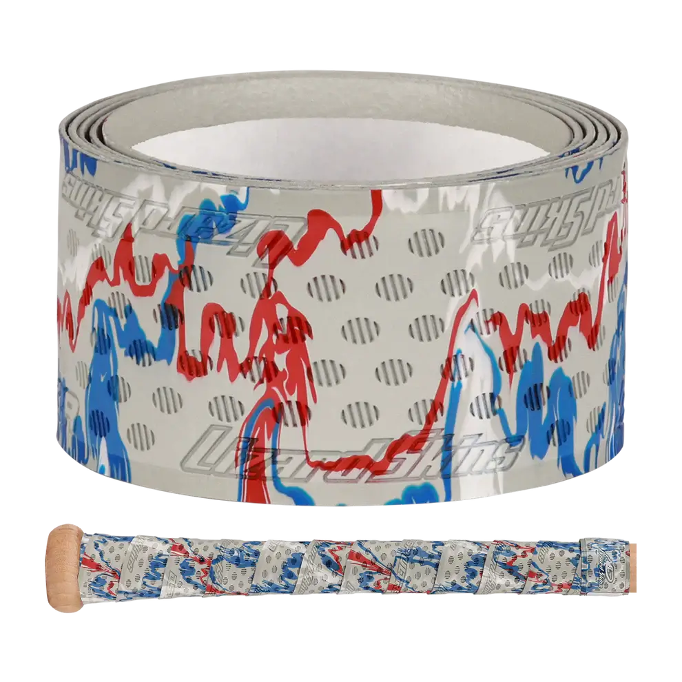 Lizard Skins DSP Ultra Bat Grip in United Camo design, showcasing adhesive roll and wrapped grip for easy installation.