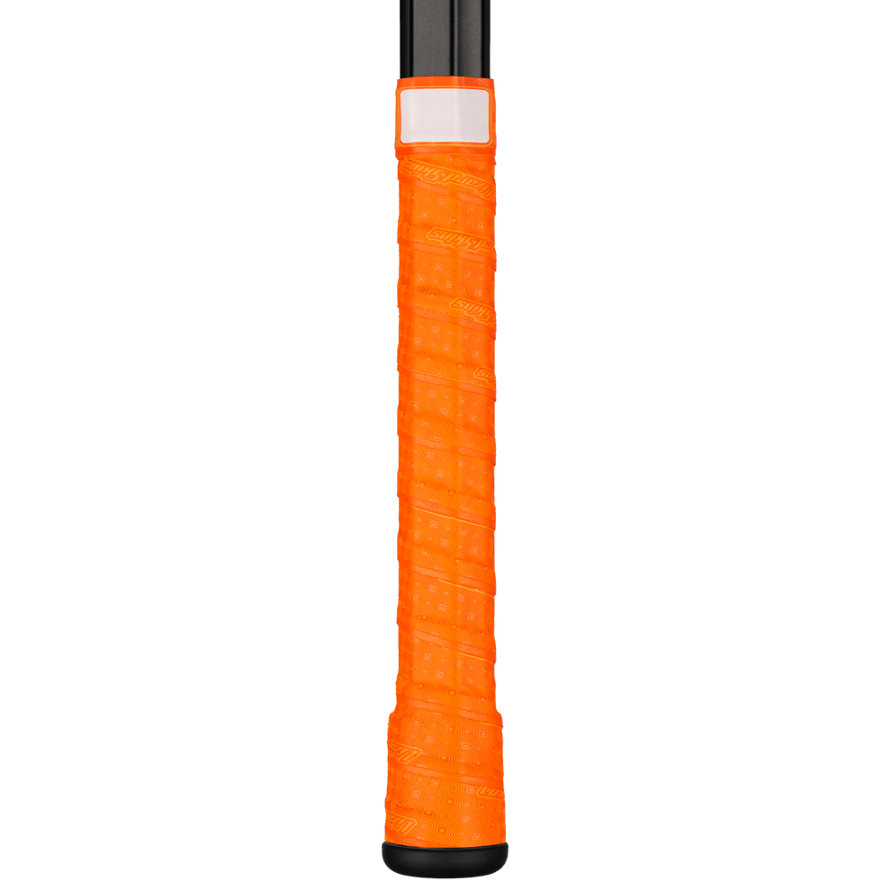 Lizard Skins DSP Lacrosse Grip Tape V2 in Tangerine on a lacrosse stick, showcasing its slip-resistant texture and pre-cut ends.