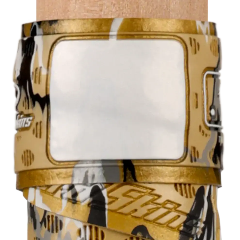 Lizard Skins DSP Ultra Bat Grip in Gold Camo showcasing intricate oval pattern and multi-directional ridges for enhanced grip.