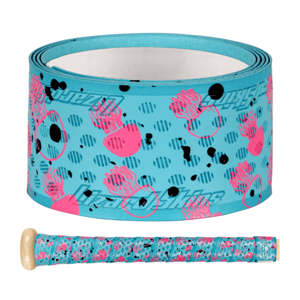 Lizard Skins DSP Ultra Bat Grip - 0.5 mm in blue with pink accents, featuring an oval pattern, full grip view.