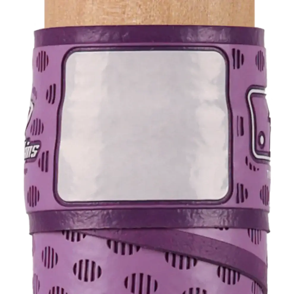 Lizard Skins DSP Ultra Bat Grip in violet purple with adhesive installation details and textured surface for improved grip.