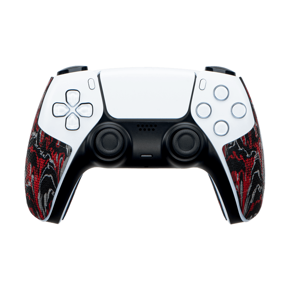 Lizard Skins DSP Controller Grip for Xbox One in Wildfire Camo on PS5 controller with enhanced comfort and control.