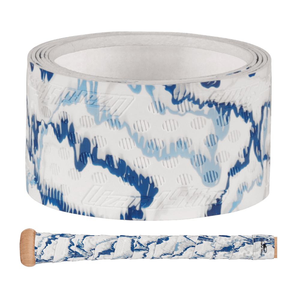Lizard Skins DSP Ultra Bat Grip - 0.5 mm in white and blue pattern, showcasing grip texture and rolled view orientation.