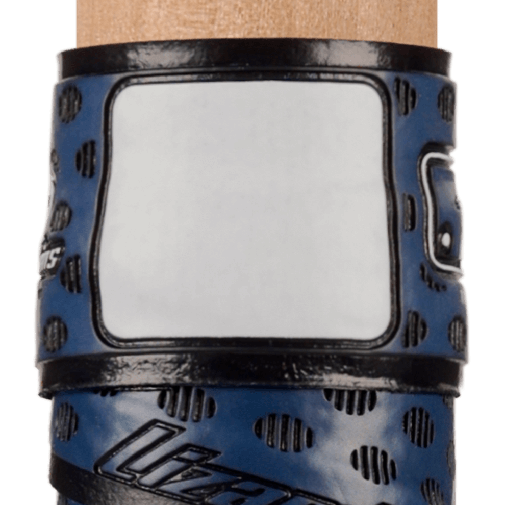 Close-up of Lizard Skins DSP Ultra Bat Grip in navy blue highlighting its premium texture and adhesive installation feature.