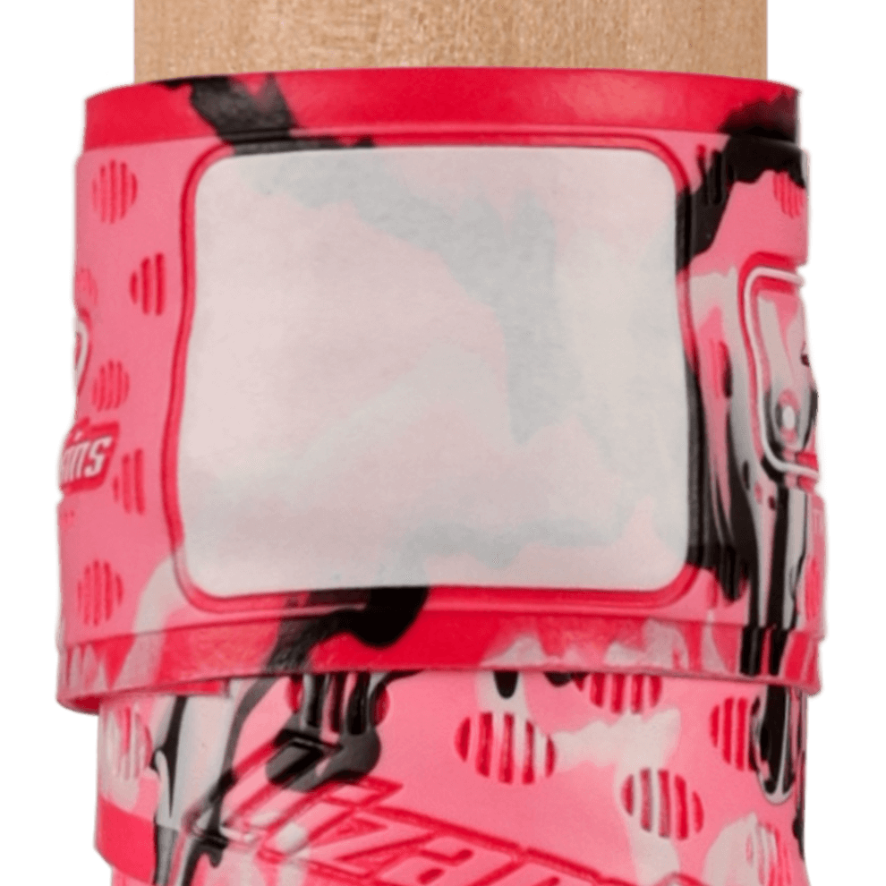 Lizard Skins DSP Ultra Bat Grip in Pink Camo showcasing premium adhesive and unique camo design on a wooden bat.